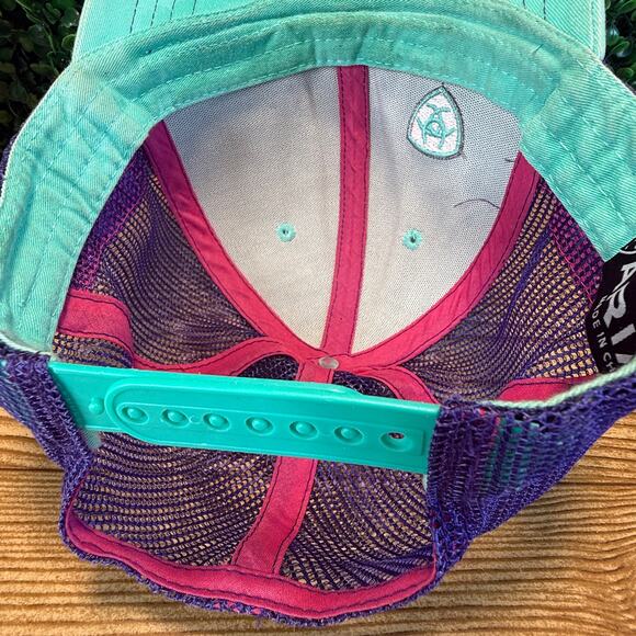 Women’s Ariat Adjustable Teal Purple Pink Striped Logo Cap Trucker Hat - Picture 5 of 11
